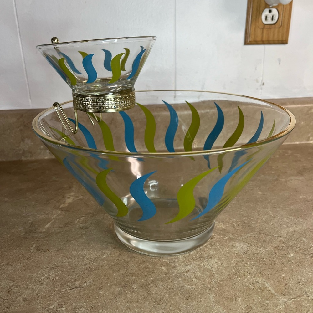 Mid century Blue and Lime Anchor Hocking Glass Chip and Dip